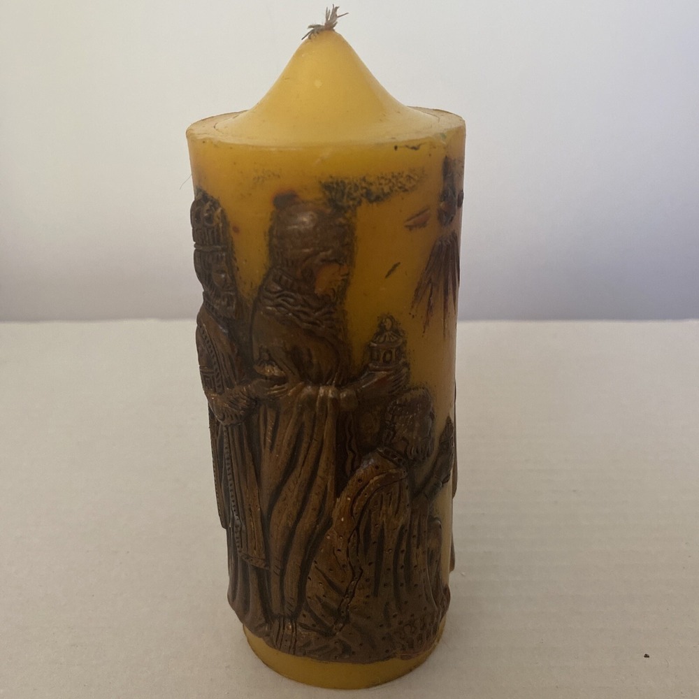 Holiday Candle Vintage Three Kings 6 Inches Tall Yellow Brown 3D Raised